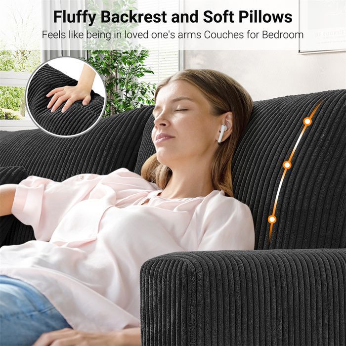 Sofá grande de 3 plazas en pana negra, estilo escandinavo, con 3 cojines y 2 almohadas para salón, 220 × 76 × 84 cm.
