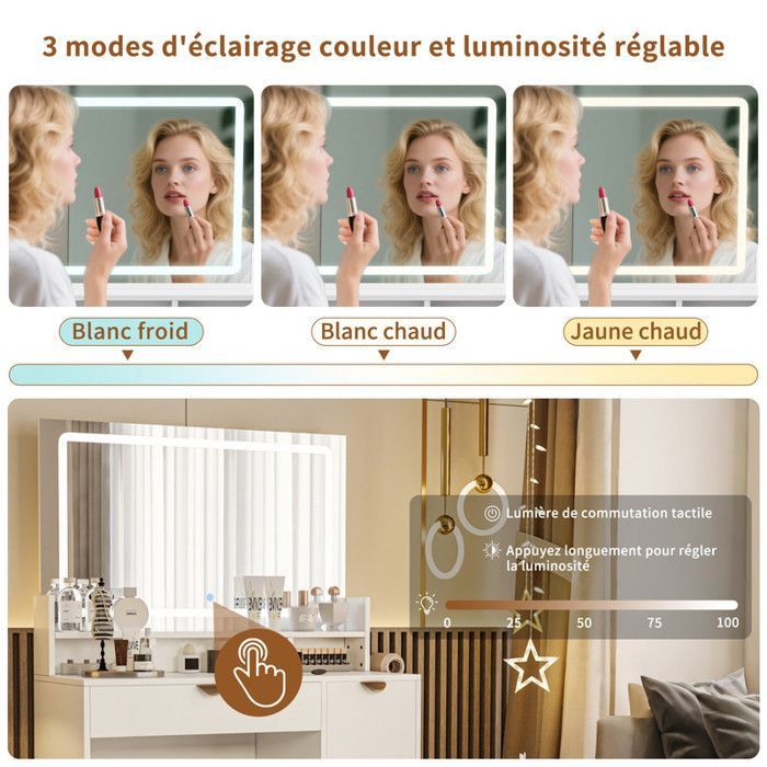 Tavolo da trucco con specchio a LED, 4 cassetti, 3 ripiani e 2 porte USB, dimensioni 90x40x140 cm, colore bianco.