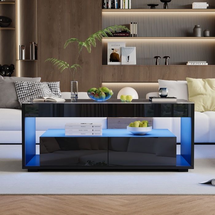 Mesa de centro con 2 cajones, espacio de almacenamiento e iluminación LED de 16 colores, tablero de cristal, estilo moderno, 100x50x40 cm, negro brillante.