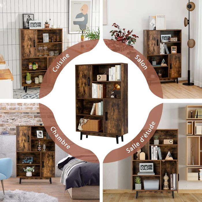 COSTWAY Bibliothèque à 4 Niveaux 80 x 24 x 119,5 CM, Meuble de Rangement avec portes, Étagères et Dispositif Anti-basculement, Café