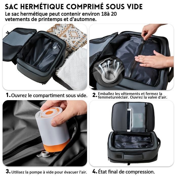 Mochila a vácuo com bomba de ar - Mala de viagem | Bagagem de mão 47 × 33 × 20 cm | Impermeável | Cinza