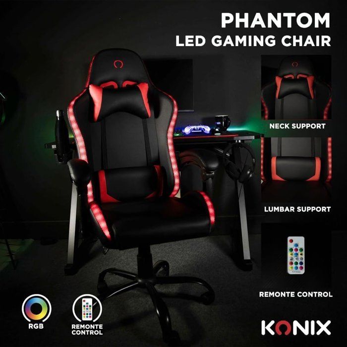 Silla gaming KONIX - Phantom - Iluminación RGB - Reclinación de 135° - Material sintético - Cojines lumbares y cervicales - Color negro