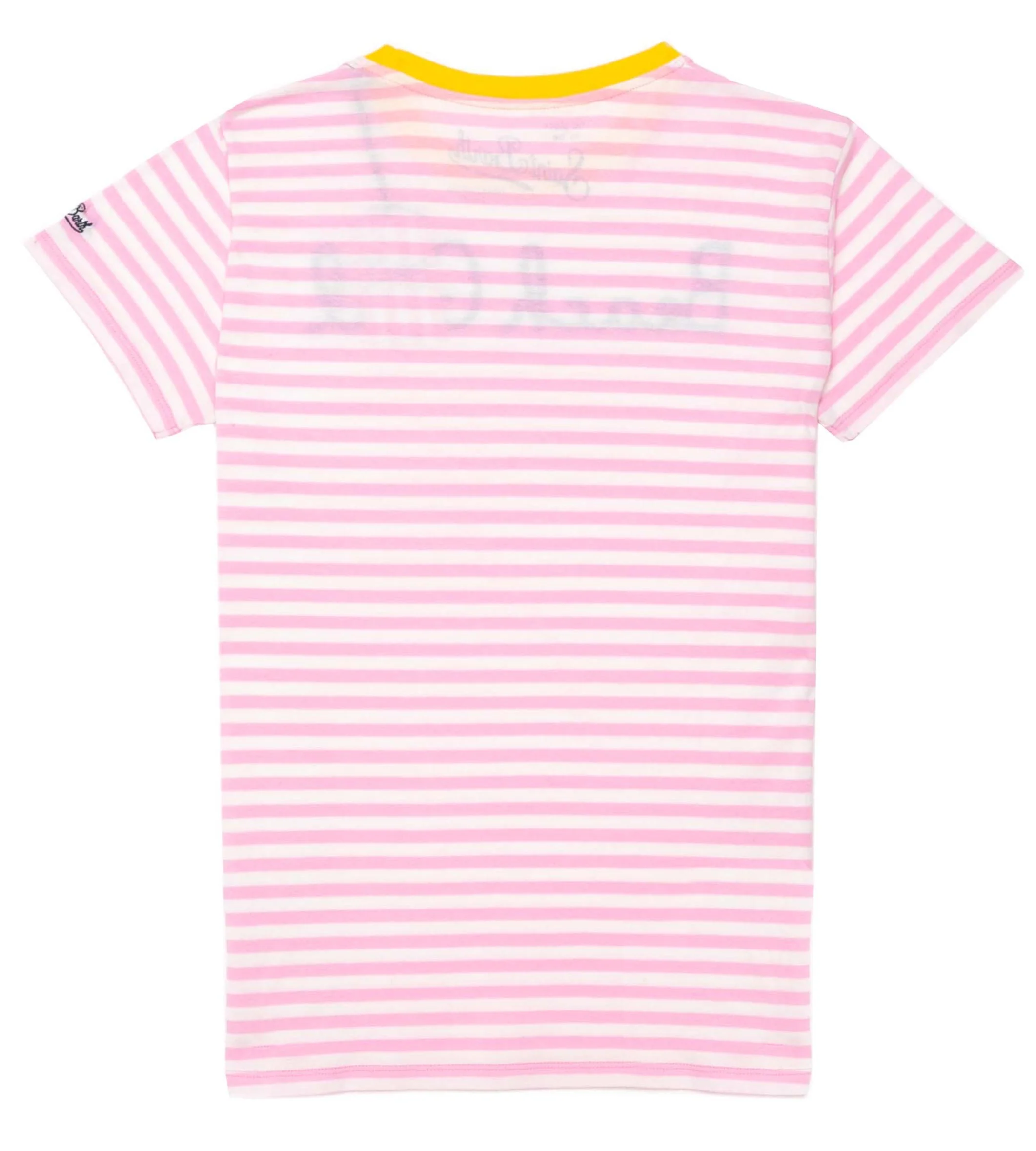 Roze gestreept T-shirt met borduursel van een strandmeisje op St. Barth.