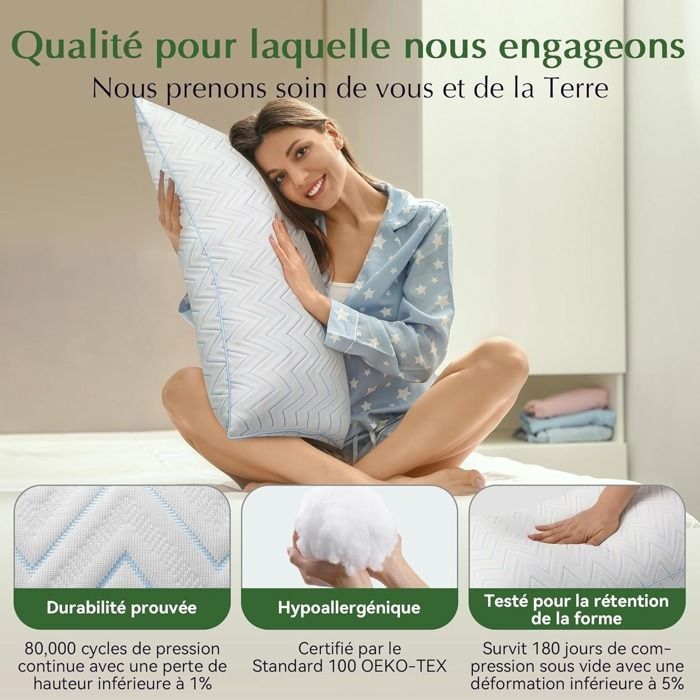 Juego de 2 almohadas Konsoefuly de 60x60 cm, fibras de poliéster huecas 7D, funda refrescante y transpirable, hipoalergénica, suave y cómoda.