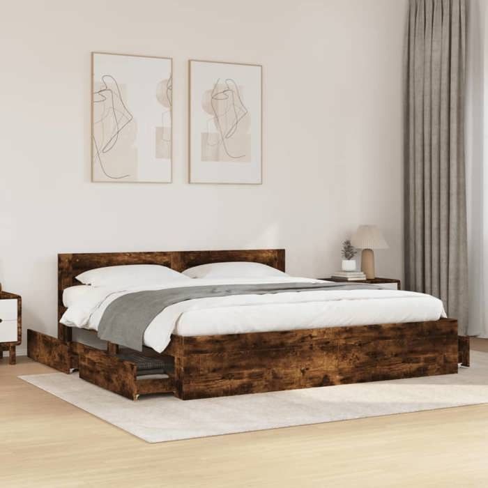 Estructura de cama vidaXL con cabecero, roble ahumado, 200x200 cm, muebles de dormitorio, cama doble, base de cama, estructura de cama