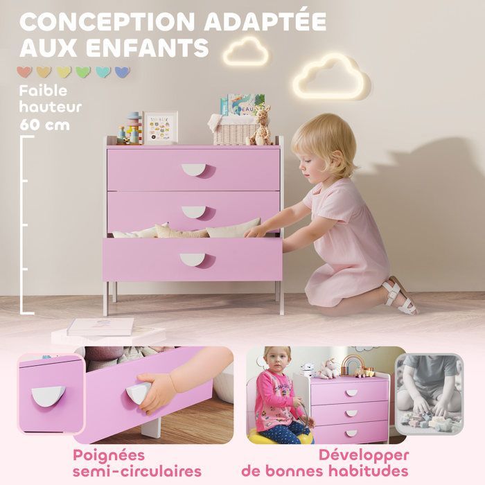 Cómoda infantil - AIYAPLAY - 3 cajones - para dormitorio infantil, guardería, sala de juegos - MDF - 60 x 40 x 60 cm - rosa