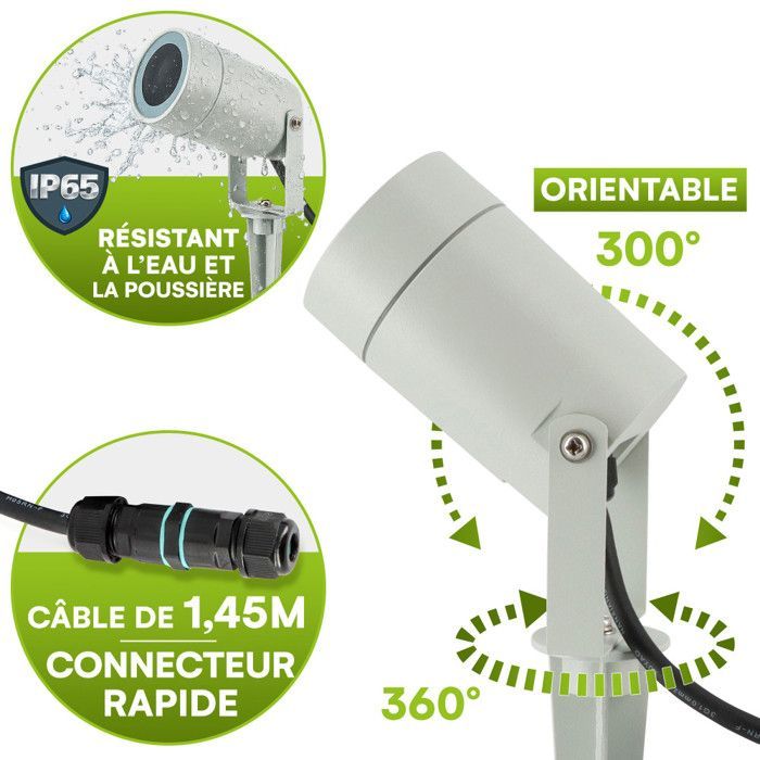Focos de diseño para exteriores con estacas (x4) - Para bombillas LED GU10 - Resistentes al agua IP65 - Ajustables - Fijaciones discretas - Gris
