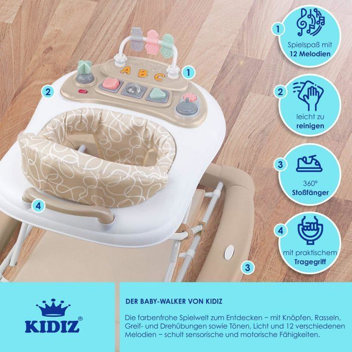 KIDIZ 4-in-1 Baby Walker Tilting Function Lounger with Wheels, Light, Music, Play Area, Dining Table, Folding Walker