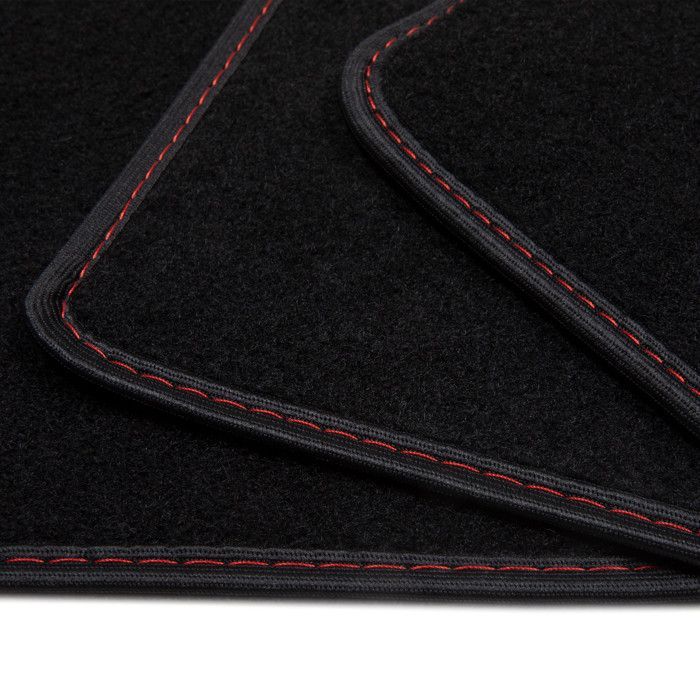 Tapis de Voiture - Universel - Antidérapant - Ganse textile noire surpiqure rouge - 4 Pièces : Avant + Arrière - Tapis de sol Auto