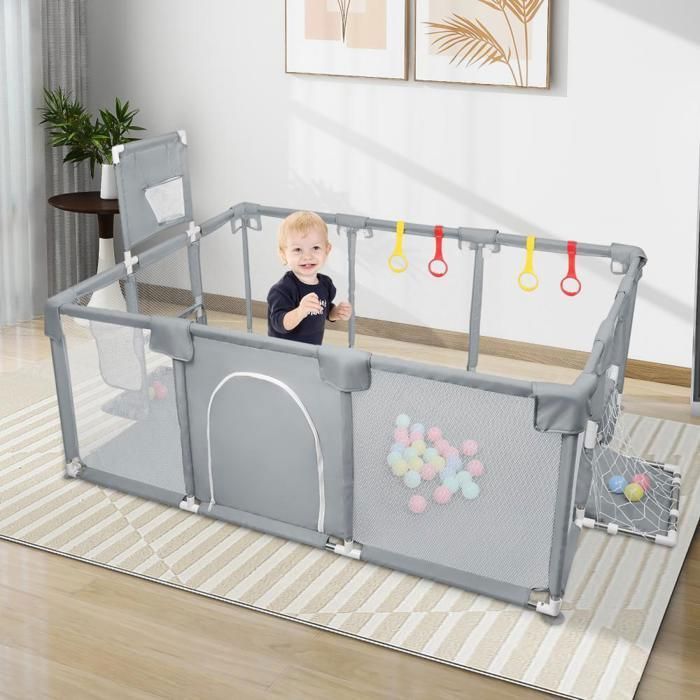 Parque infantil de seguridad MIPAN - Valla con pelotas de mar + 4 asas - 180 x 120 x 66 cm - Gris oscuro