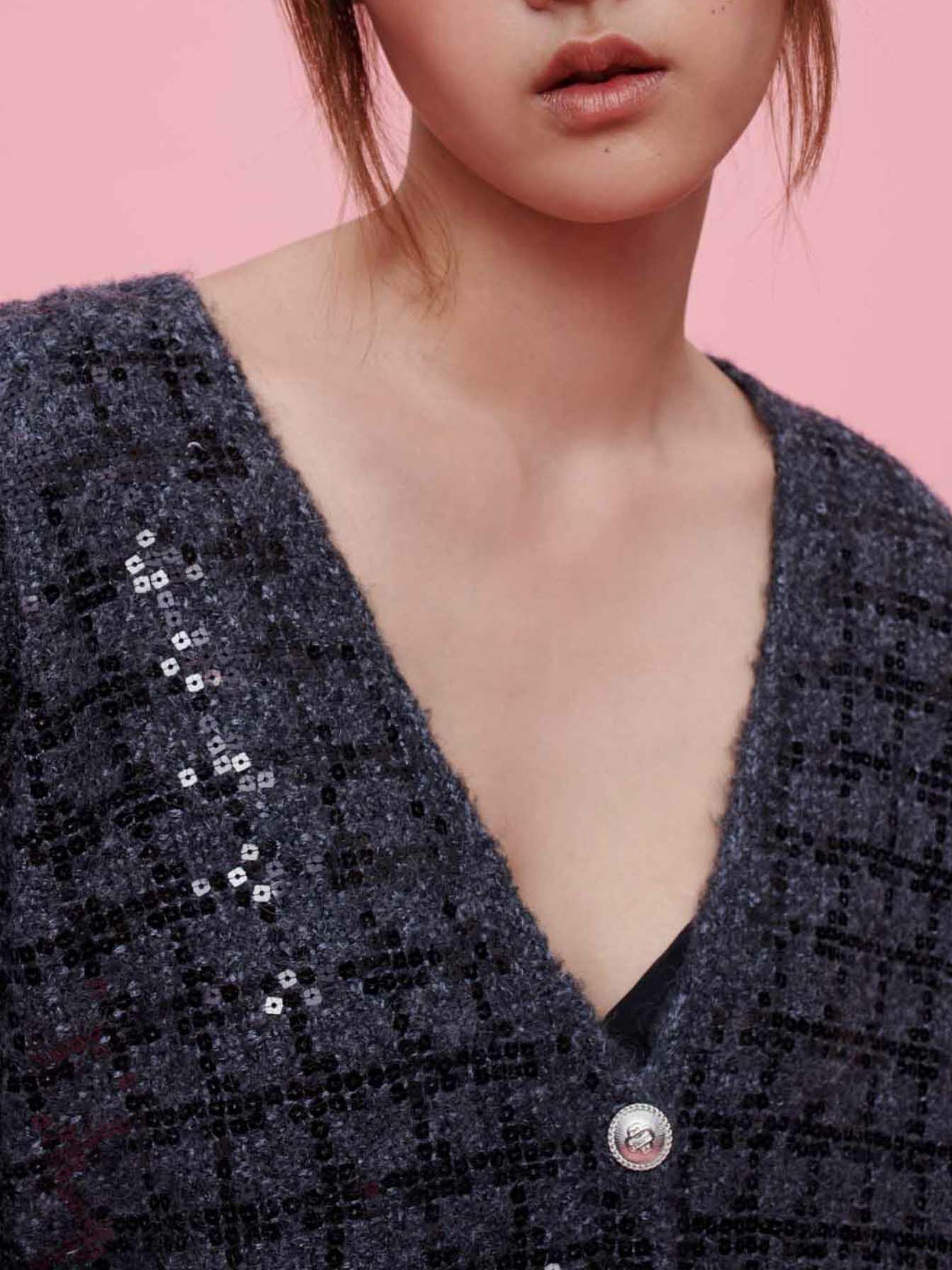 Gebreid vest met pailletten en tweed-effect - Grijs