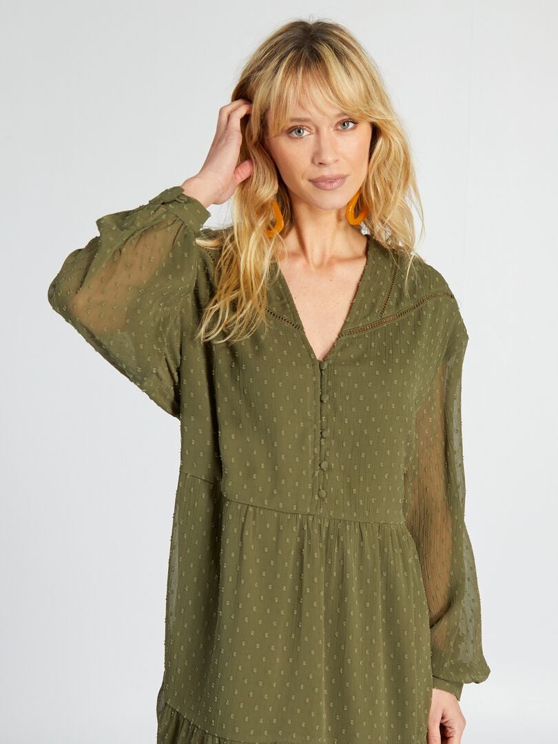 Plumetis Voile Jurk - Khaki