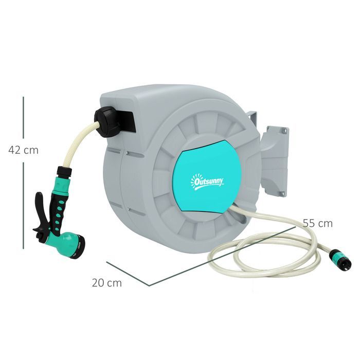 Outsunny garden hose reel - 25+2 m - wall mount + handle - 180° swivel - 7 spray patterns - grey
