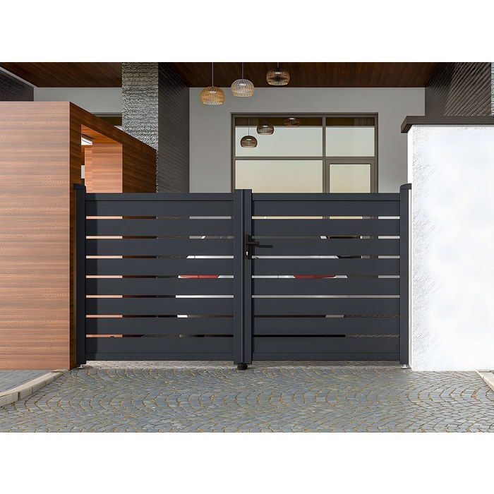 Puerta batiente de aluminio con diseño calado, 305 x 165 cm, color antracita - PRIMO