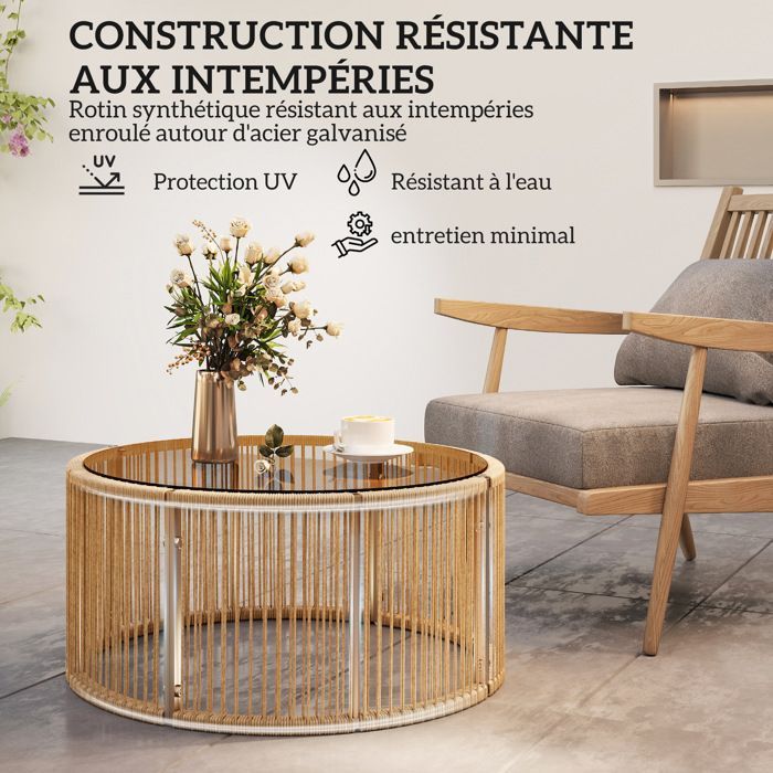 Mesa de centro/auxiliar de jardín - Outsunny - redonda, para patio, jardín, salón - resina tejida, cristal - 70x70x33cm - marrón