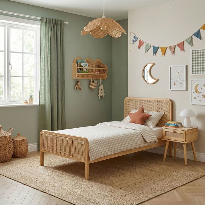 Chambre lit cannage enfant et chevet bois naturel ANNA 90x190 - Bois naturel - Terre de Nuit