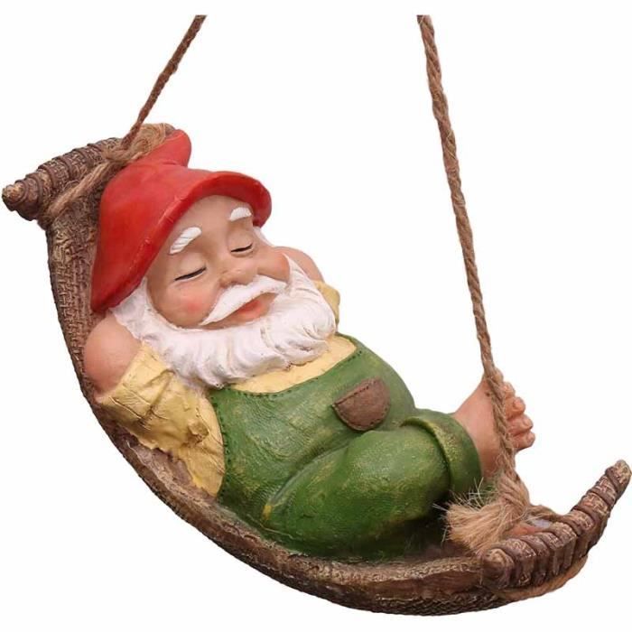 Statue de Jardin Extérieur, Nain Couché avec Un Hamac Statue, GNOME Ornement de Jardin Accrochant de Résine Imperméable