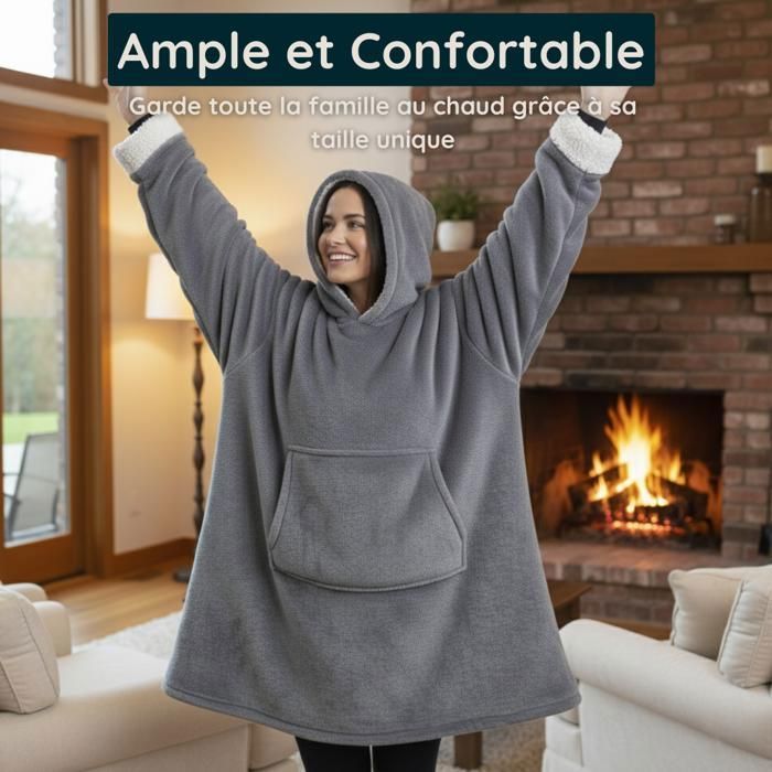Plaid Pull Sweat à Manche et Capuche avec Poche – Taille Unique 118 x 85 cm Adulte Homme et Femme - Intérieur Sherpa - Coloris Gris