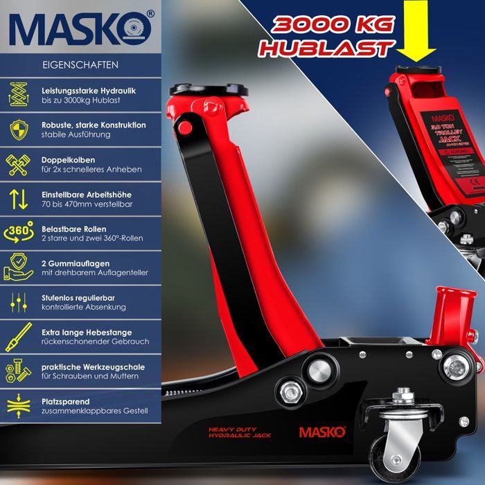 Cric hydraulique - MASKO - 3 tonnes - Hauteur de levage 70-470 mm - Roulettes pivotantes 360° - Supports en caoutchouc