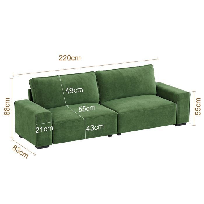 Canapé 3 places confortable en chenille pour salon,Canapé avec accoudoirs larges,coussins épais à ressorts,220×82×84cm,Vert