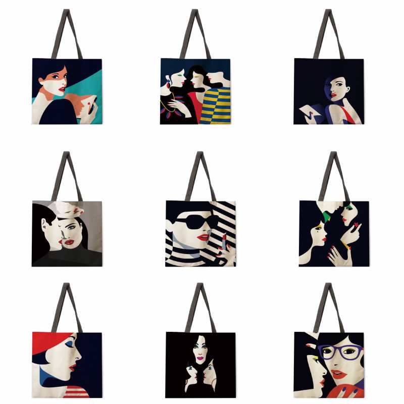 Borsa shopping in lino con stampa Urban Women, borsa a tracolla da donna, borsa shopping pieghevole, borsa da spiaggia