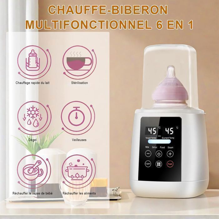 Chauffe Biberon, Stérilisateur Biberon 6 en 1avec Minuterie Numérique Contrôle intelligent de la Température et Arrêt Automatique