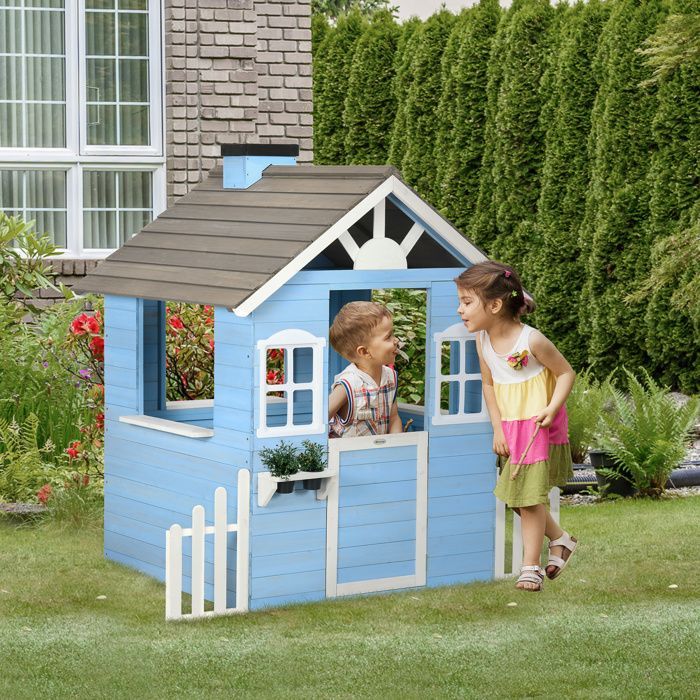 Outsunny - Cabane de jeu pour enfant - Bois de sapin - 151x112.5x142cm - Bleu
