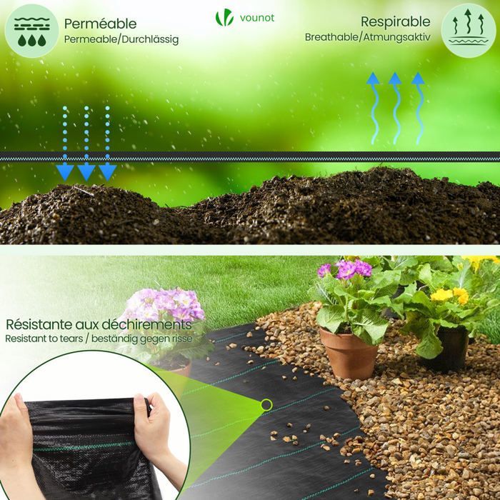 VOUNOT® Toile de paillage 50m x 1m 100g/m² avec 100 piquets de fixation - Bâche géotextile anti UV contre mauvaises herbes