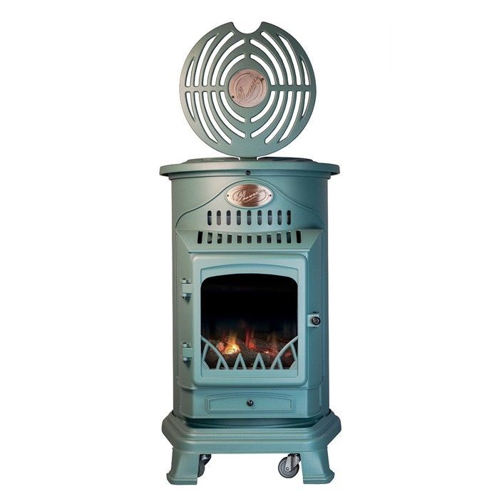 Estufa de gas de hierro fundido de 3,4 kW, verde, efecto leña, estilo provenzal, universal.