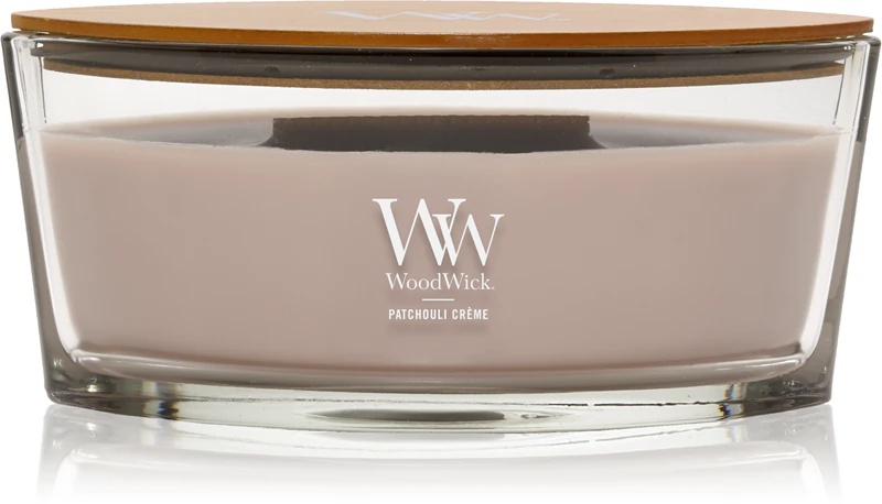 Woodwick Opulent Wood Patchouli Creme aromātiskā svece ar koka degli