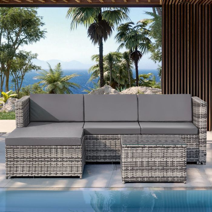 Salon de jardin lounge Canapé d'angle extérieur 4 places avec table basse en résine tressée, gris