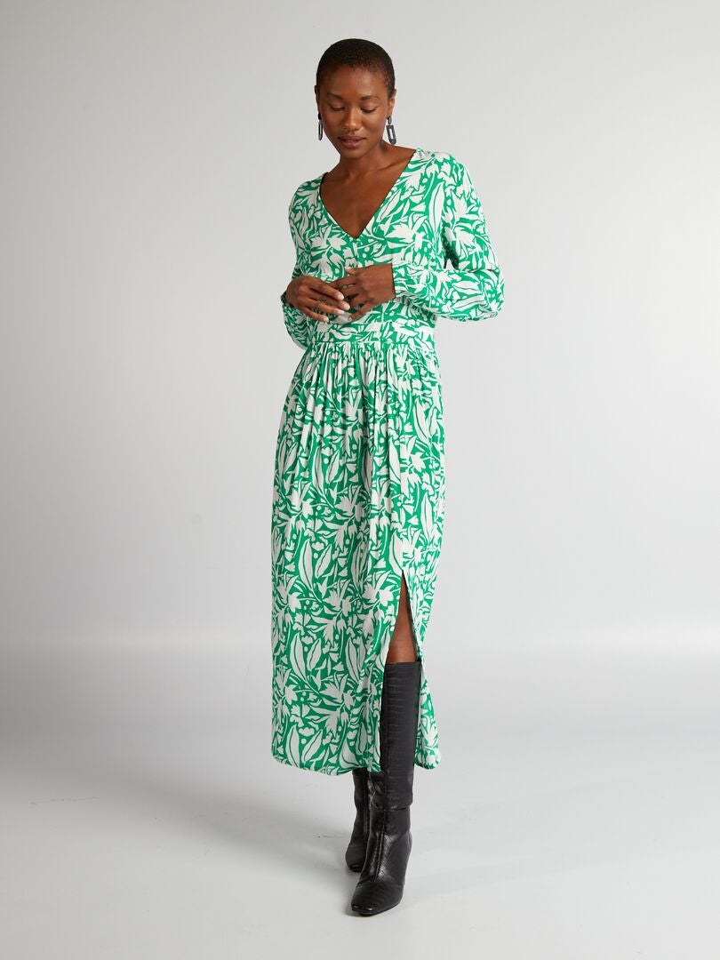 Vestido largo de punto con efecto crepé - VERDE