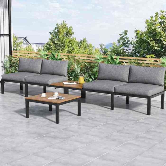 Salon de jardin - LANGTU - 5 pièces - Acacia massif - Structure acier galvanisé - Coussins déhoussables gris