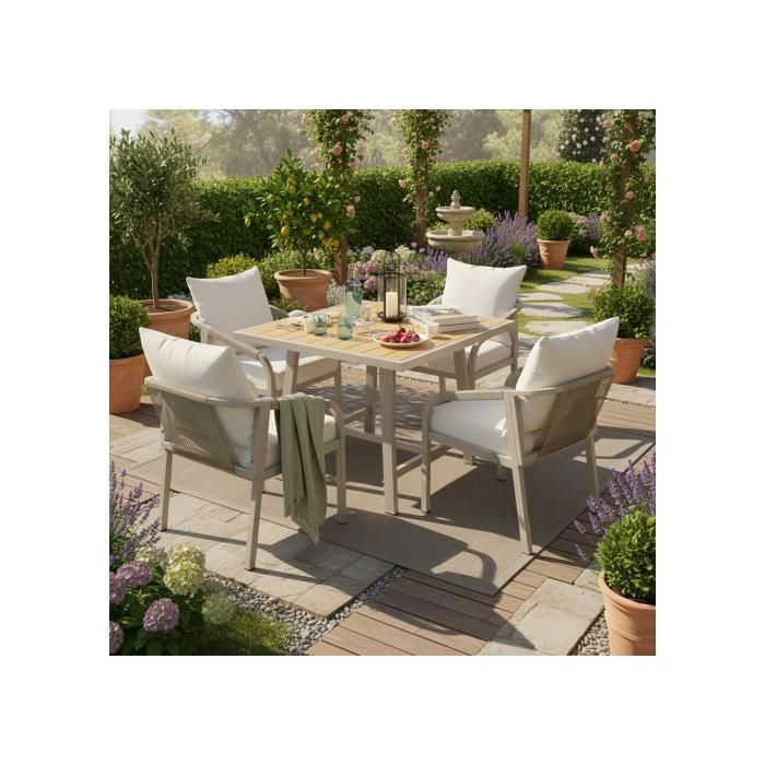 Conjunto de mesa y sillas de jardín - Conjunto de comedor exterior con mesa y 4 sillas con tablero con efecto madera y respaldo de cuerda.