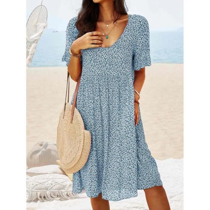Vestido de verano informal estilo bohemio con estampado vintage para mujer, cintura elástica, color azul.