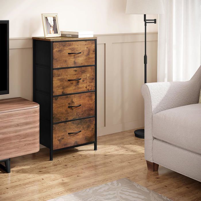 WOLTU Commode, Meuble à 4 Tiroirs en Tissu, Cadre en Métal, Dessus en Bois d'Ingénierie E1, Marron Rustique+Noir W0ITT0116