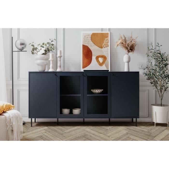 Matala senkki - CARACAS - tummansininen koristelu - 2 lasiovea + 2 ovea - L180 x K90 x S40 cm