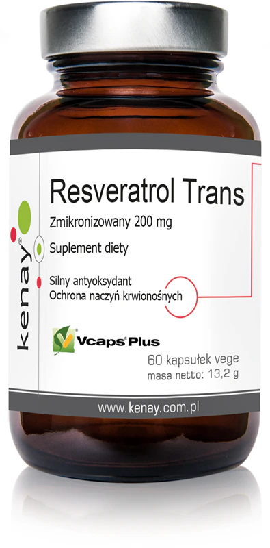 Kenay Resveratrol trans-micronized 200 mg voedingssupplement capsules ter ondersteuning van de fysieke en mentale gezondheid.