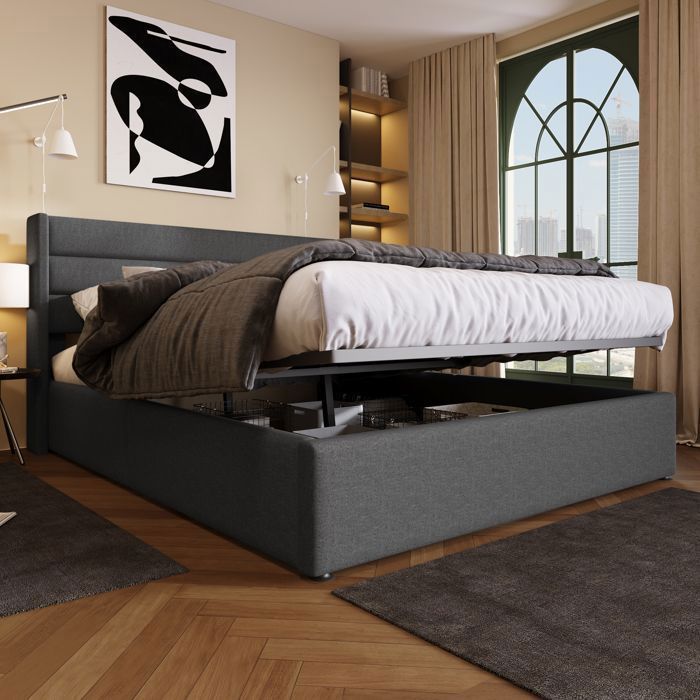 Lit Coffre Double Grand - MERAX - 180 x 200 cm - Tissu en lin gris - Lit Adult Rembourré 2 Places