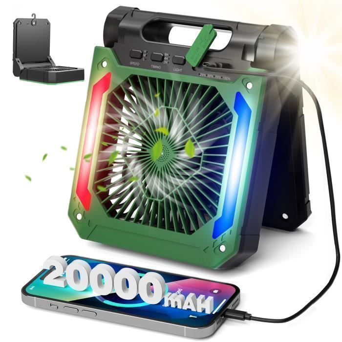 Ventilador de mesa silencioso con luz LED, ventilador portátil recargable de 20000 mAh, ventilador solar para camping, verde
