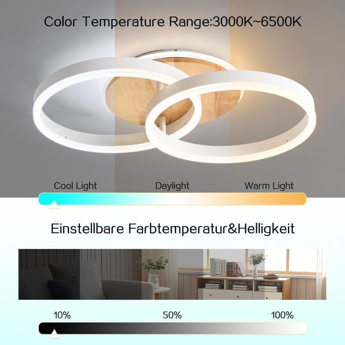 AMDELNE Modern 36W Dimmable Ceiling Light with Remote Control/Metal+Acrylic/Round Design/for Living Room/Dining Room – White+Wood