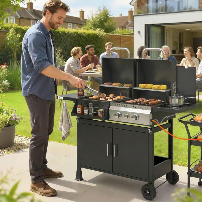 Barbecue hybride gaz et charbon de bois - Outsunny - barbecue mixte 2 en 1 avec 3 brûleurs et feu latéral thermomètre - acier - noir