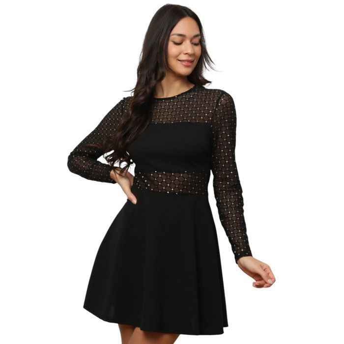 Tule skaterjurk met doorschijnende mouwen. Versierd met glinsterende stippen. Voor dames - Jurken - La Modeuse