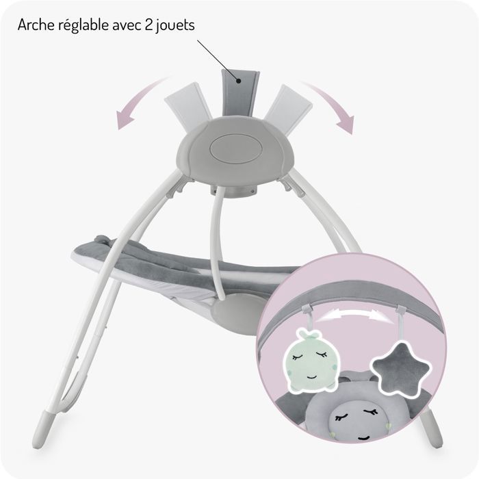 MoMi LISS – Altalena elettrica pieghevole per neonati – 5 velocità – Timer – 6 melodie – Giocattoli regolabili – Grigio