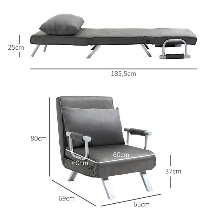 Sofá-cama com colchão - HOMCOM - poltrona dobrável conversível com encosto e almofada ajustáveis - metal e camurça - cinza