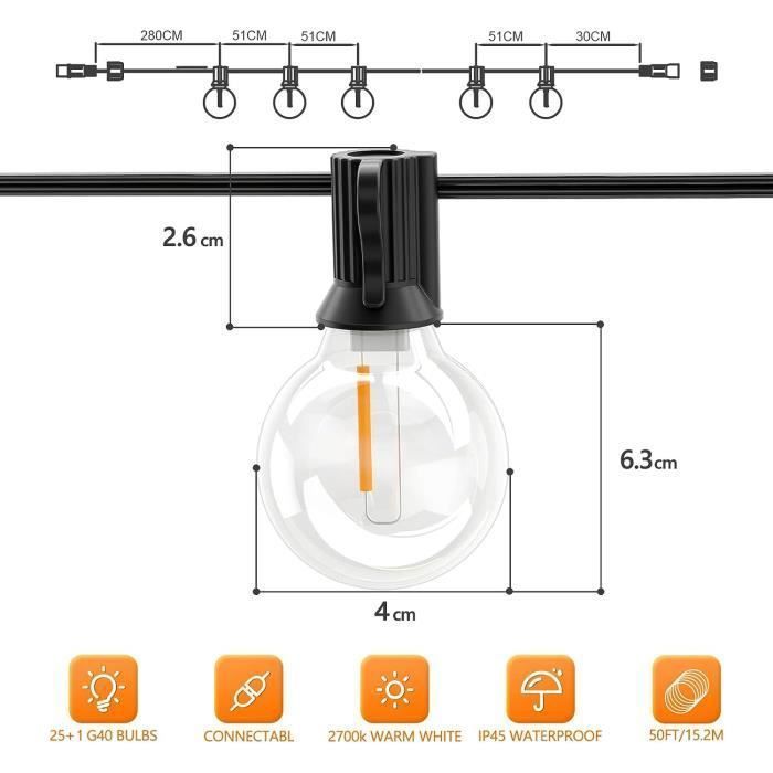 Guirlande Lumineuse - PZCC - 15,2M - 50 Ampoules G40 LED - Étanche IP45 - Blanc Chaud