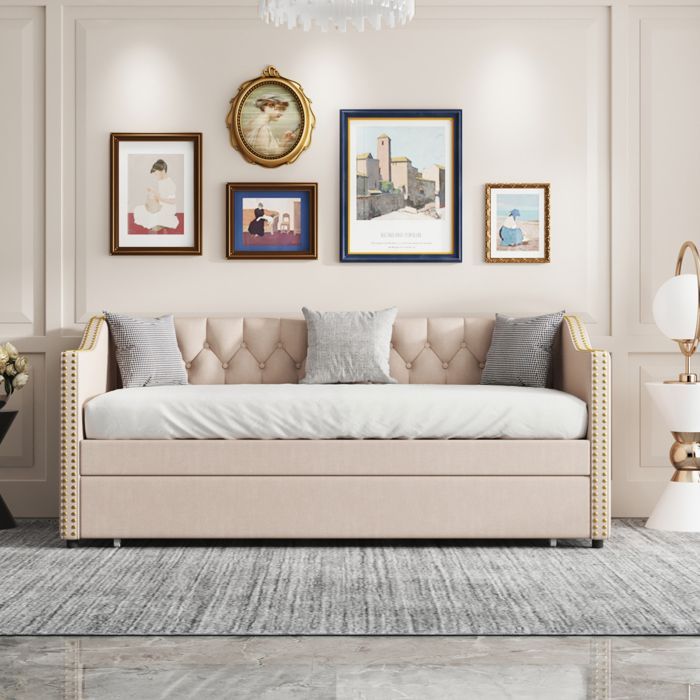 Schlafsofa – Modernes skandinavisches Design – 2-Sitzer – Leinen und Massivholz – Verwandlungsfunktion mit Stauraum