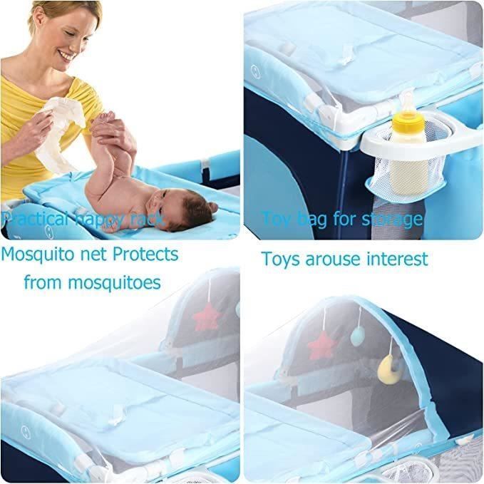 Berço portátil dobrável LIFEZEAL para bebês, com colchão, rodas, trocador, bolsa de armazenamento e mosquiteiro, 0-36 meses, capacidade de carga de 15 kg, azul.