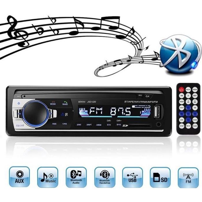 Autorradio Bluetooth, estéreo para coche de 4x60W con vídeo, radio FM, reproductor de MP3 con USB-SD-AUX, llamadas manos libres y mando a distancia.
