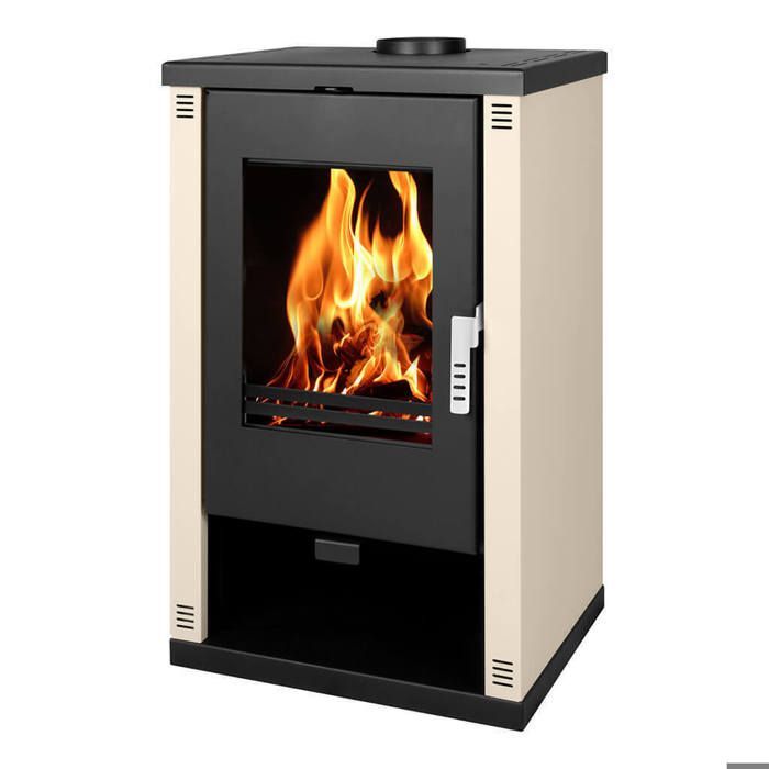 Estufa de leña Verso Theia - 9 kW | Paneles laterales color marfil y diseño contemporáneo